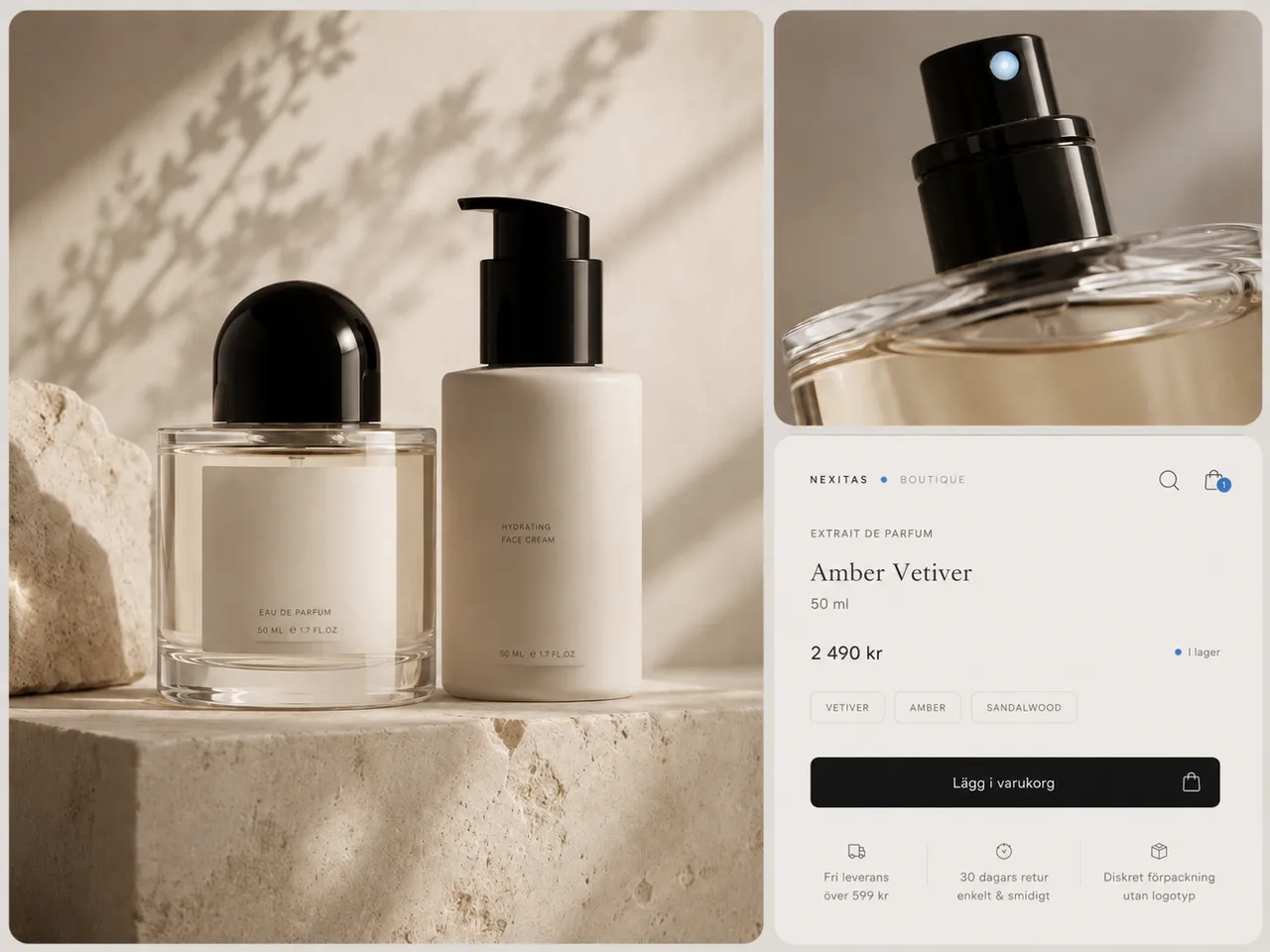Exempel på en S-Line-butik: produktbilder bredvid en produktsida med pris, varianter och köpknapp.